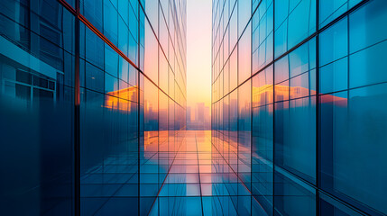 City Glass Wall at Sunset in Urban Metropolis