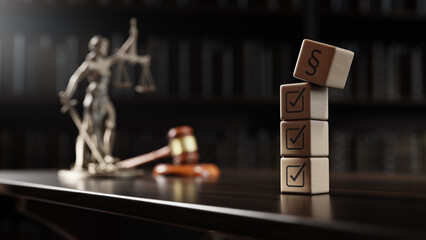 Legal Concept: Themis is the goddess of justice and the judge's gavel hammer as a symbol of law and order and wooden cubes with icon