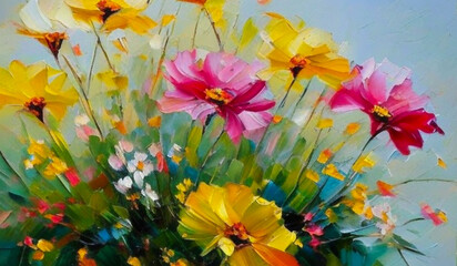 Obraz na płótnie Canvas Oil flowers. Beautiful delicate feminine multi-colored spring or summer flowers close-up, generated by AI. Bouquet of flowers. Flowers in a flowerbed. Postcard, congratulations to a woman