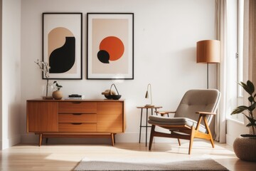 Interior home design of modern living room with decoration of wooden chairs and cupboards and abstract poster art on the white wall