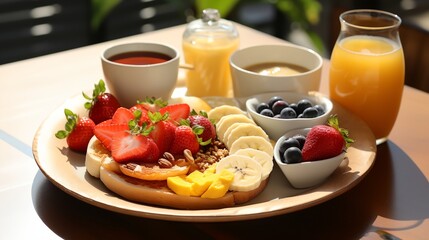 a plate of food with fruit - obrazy, fototapety, plakaty