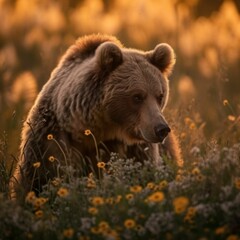Wild animals in the wild. A large, brown bear in a flower meadow.