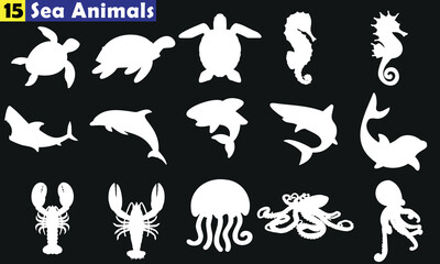 Sea Animals Vector Collection, White Silhouettes of Ocean Wildlife. Ideal for Educational Content, Web Design, Childrens Books. Includes Turtle, Seahorse, Shark, Octopus, and More