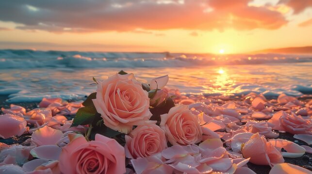 Many roses only bloom on the beach at sunset. Generative AI.