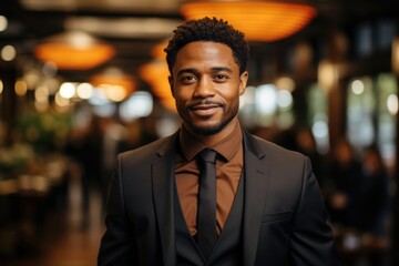 Fototapeta premium A business African-American man stands in a warehouse, a manager in a jacket and tie