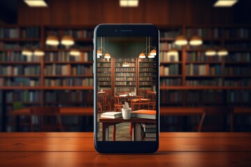 Augmented Reality Bookshelf on Smartphone - obrazy, fototapety, plakaty