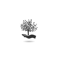 Save forest sign icon. Hand holds tree icon with shadow