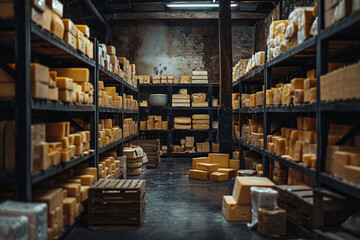 Obraz na płótnie Canvas Step into an AI-crafted scene of a meticulously organized dark stockroom, where neatly arranged cheese stocks evoke the essence of a well-structured and efficient storage space for dairy products.