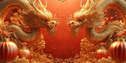 A dragon, Spring festival poster, Red and gold, Left and right symmetrical lantern, Chinese new year concept, 3d. Generative AI.
