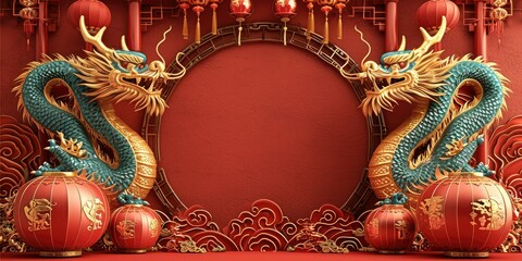 Obraz premium A dragon, Spring festival poster, Red and gold, Left and right symmetrical lantern, Chinese new year concept, 3d. Generative AI.