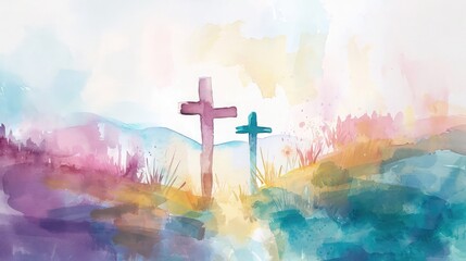 Watercolor of  Antique rustic vintage Easter Cross with Easter egg background with copy space. - obrazy, fototapety, plakaty