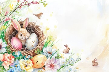Easter cute bunny sitting with basket of colored eggs on background of spring nature.