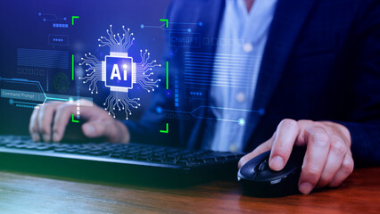 Ai tech, Businessman using virtual graphic Global Internet connect Chatgpt Chat with AI, Artificial...