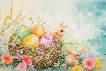 Lovely bunny Easter baby rabbit with a basket full of colorful Easter eggs.