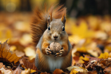a red squirrel sits in the forest and eats a nut. Red squirrel, sitting side ways, holding a hazel...