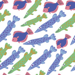 seamless pattern with flat cartoon fish in vector.river and sea fish for prints and design.Template for design, print, background, packaging, book, wrapping paper, fabric.