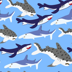 Fototapeta premium seamless pattern with flat cartoon shark in vector. predatory fish for prints and design.Template for design, print, background, packaging, book, wrapping paper, fabric