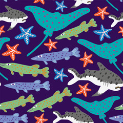 seamless pattern with flat cartoon sea animals in vector.Template for design, print, background, packaging, book, wrapping paper, fabric.