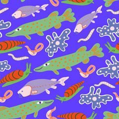 seamless pattern with flat cartoon sea animals in vector.Template for design, print, background, packaging, book, wrapping paper, fabric.