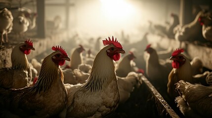 a group of chickens standing next to each other - obrazy, fototapety, plakaty