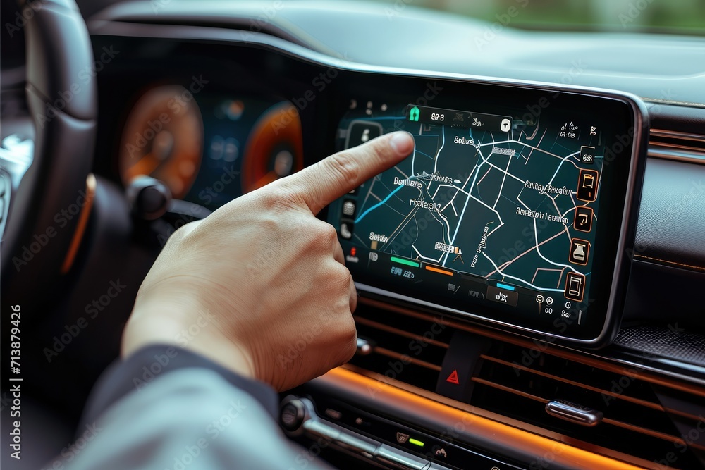 Aufkleber a man with his hand is pointing to the touch screen of his car. generative ai.