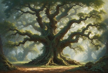 An opulent, labyrinthine forest depicted in a richly textured oil painting. The focal point of the image is a towering ancient oak tree