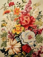 Heirloom Floral Embroidery: Vintage Art Print for Cottage Flower Decor