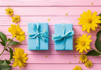 wrapped gifts with flowers on a wooden background
