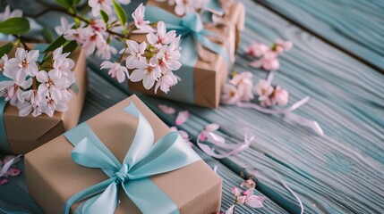 wrapped gifts with flowers on a wooden background