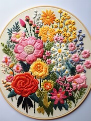 Obraz na płótnie Canvas Heirloom Floral Embroidery: Vintage Stitch Art for Exquisite Blossom Wall Decor