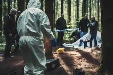 A group of people are conducting a crime scene investigation in the forest - obrazy, fototapety, plakaty