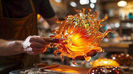 A glass artist shaping a vibrant orange artistic glass piece with intricate patterns, illuminated by studio lights.