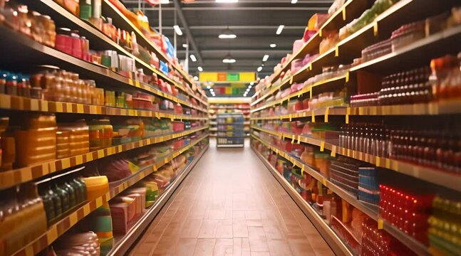 Supermarket store aisles are filled with a complete selection of food and other products