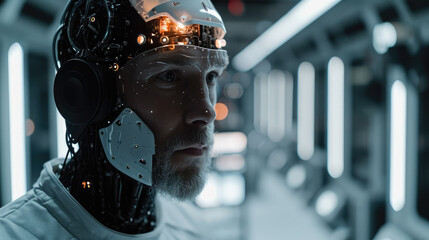 A high-precision artificial intelligence robot looks into the eyes of a robust, Scientific testing on a high-tech instrument platform, The human brain is connected to a computer. Generative AI.