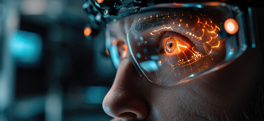 A high-precision artificial intelligence robot looks into the eyes of a robust, Scientific testing on a high-tech instrument platform, The human brain is connected to a computer. Generative AI.