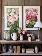 Fototapeta na wymiar Heirloom Garden Blossom Paintings: Vintage Art Print & Perennial Petal Prints