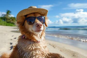 portrait of dog wearing sunglasses and sun hat on beach. dog in hat and glasses in a bright sea, concept of vacation and tourism, close-up of shooting. Dog lying in the beach chair. Summer Holidays.