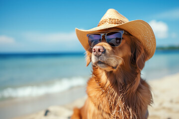 portrait of dog wearing sunglasses and sun hat on beach. dog in hat and glasses in a bright sea,...