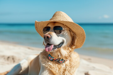 portrait of dog wearing sunglasses and sun hat on beach. dog in hat and glasses in a bright sea, concept of vacation and tourism, close-up of shooting. Dog lying in the beach chair. Summer Holidays. - Powered by Adobe