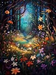 Obraz na płótnie Canvas Mystical Tales of Enchanted Wildflower Fields: Magic-Infused Nocturnal Woods Art Wall Art