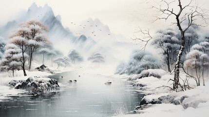 Ink landscape painting in winter.