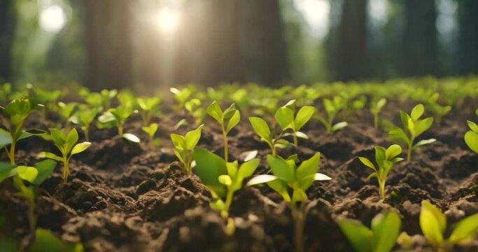 tree seedlings growing in the ground, protecting the environment, ecology concept, earth day	