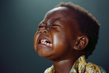 A child's heartfelt cry, tears glistening on cheeks, a moment of pure emotion captured against a dark backdrop