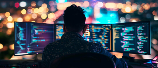 In the heart of the digital realm, a coder orchestrates the symphony of code, his screens a portal to the vibrant pulse of the city beyond