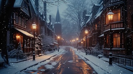 The streets are empty in winter and snow is falling in the sky. Generative AI.