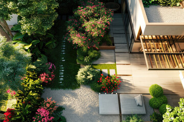 Fototapeta na wymiar high view of a modern minimalist house with a big flowers garden
