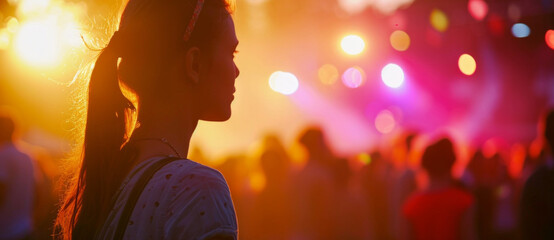 Silhouetted against the festival lights, a young woman is immersed in the vibrant energy of a music-filled sunset