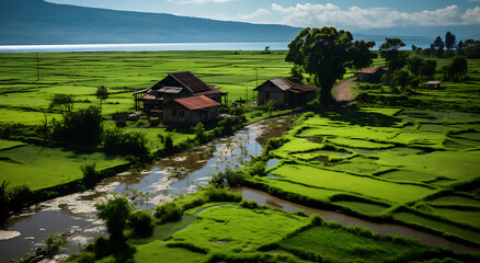 View of the Beautiful Painted curved road of the village with green plants and fields under the sky