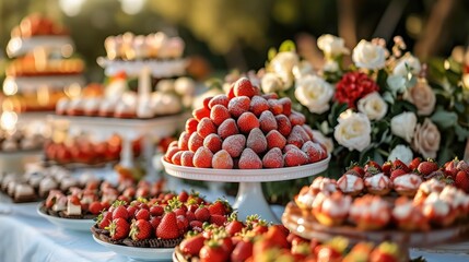An outdoor dessert table with strawberries in chocolate as dessert. Generative AI.