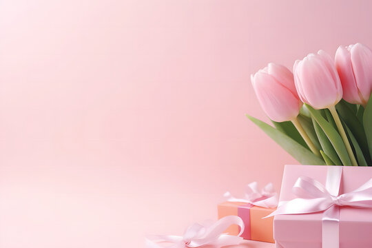 Romantic concept for Mother's Day or Valentine's Day. Top view photo featuring a gift box adorned with a ribbon and a bouquet of tulips on a pink background. Valentine pink background with copy space.